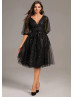 Elbow Sleeves Black Starry Tulle Cinched Waist Party Dress